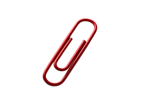This vibrant, shiny red paperclip, precisely isolated, presents a simple yet striking and versatile design on a pure transparent background.