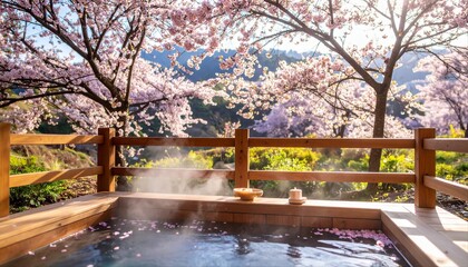 満開の桜と露天風呂