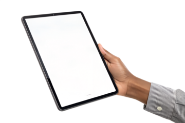 A hand is holding a modern tablet with a bright white screen, isolated on a transparent background, ready for use.