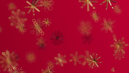 Abstract design of golden snowflakes against a vibrant red backdrop perfect for winter holiday themes, christmas or seasonal marketing visuals