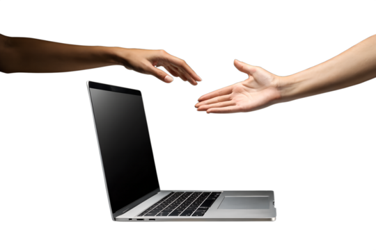 Hands bridge a digital connection over a modern laptop, one reaching toward the screen, the other offering an open gesture.