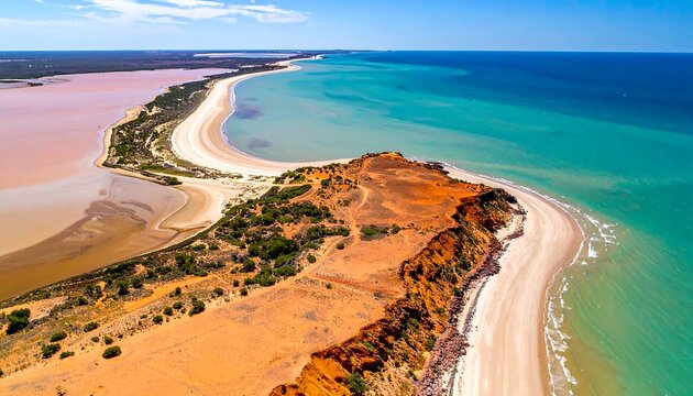 An aerial landscape captures a vibrant coastal scene. A beach curves between the blue sea and a pink-hued lagoon, with reddish cliffs