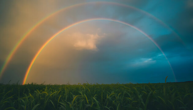 Radiant Rainbows Gracing the Sky Above a Green Meadow Nature's Palette