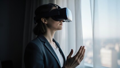 Professional Business Woman Wearing Virtual Reality Headset Experiencing Immersive VR Technology