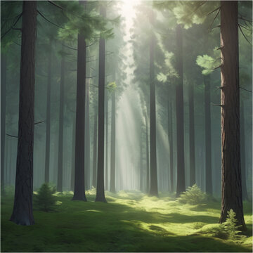 Green Forest with Sunlight Rays &ndash; Nature Background (Generative AI)