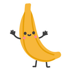 Cute Yellow Banana Character With Pink Cheeks And Black Arms And Legs Waving Happily On A...