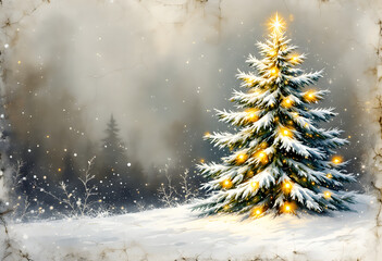 Minimalist watercolor artwork of Christmas tree in dark green shades, gold sparkle accents, vintage festive greeting on white background