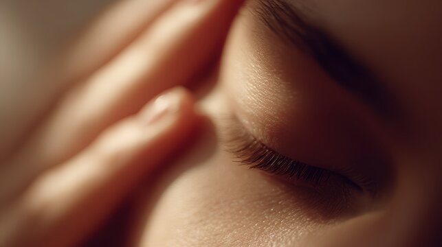 Hands gently caressing the eye area, focusing on delicate skin details, warm natural lighting creating a calming atmosphere