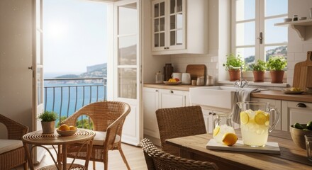 Obraz premium Bright Mediterranean Kitchen Interior with Balcony and Sea View