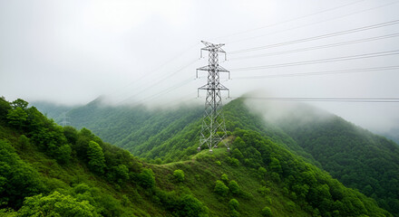 Electricity pylon on a misty green mountain ridge power line