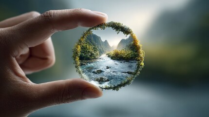 Hand framing a scenic mountain river vista within a natural-looking oval of greenery, blurred background