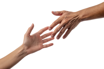 Human hands extend towards each other in a gesture of assistance and unity, perfectly isolated on a clean transparent background.