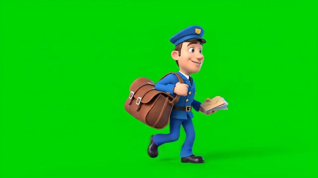 Cartoon mailman in blue uniform walking with a satchel and letters against a green screen background.