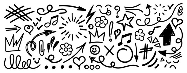 Collection of hand drawn doodles and squiggles for text highlighting sign. Set of different design elements with scribbles texture. Black brush strokes. Simple cute vector swashes and strokes
