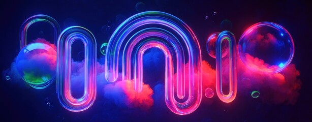 Vibrant neon design with bubbles and colorful arcs.