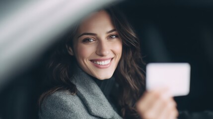 Young woman smiling with joy, holding driver license in car, proud and thrilled to have passed her driving test