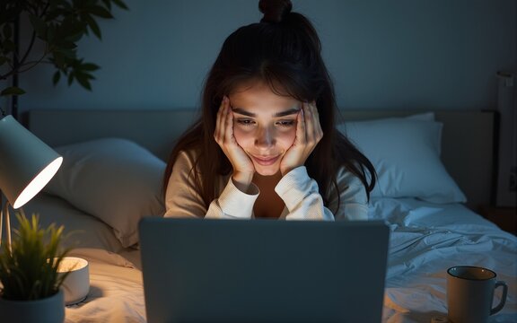 Stressed depressed woman working from home on a computer.Lazy overworked remote worker in pajamas.Productivity and motivation problems.Home schooling online class.All nighter.Searching for job online