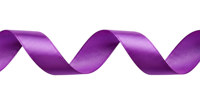 A single satin ribbon in a vibrant purple hue curves in a graceful S shape, isolated on a white or transparent background, cutout, PNG