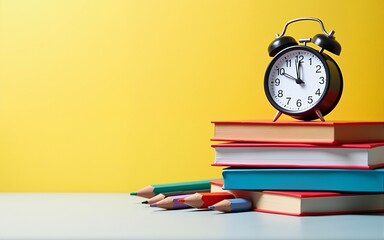 Back to school concept. Colorful pencils, books and alarm clock. High quality