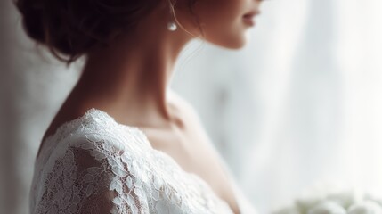 Woman wearing a white bridal gown near the window, showcasing delicate lace and refined grace.
