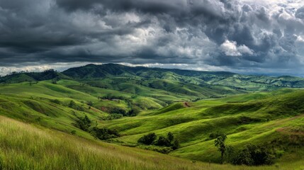 Obraz premium Rolling green hills create a peaceful scene with dark clouds brooding above in the distance.