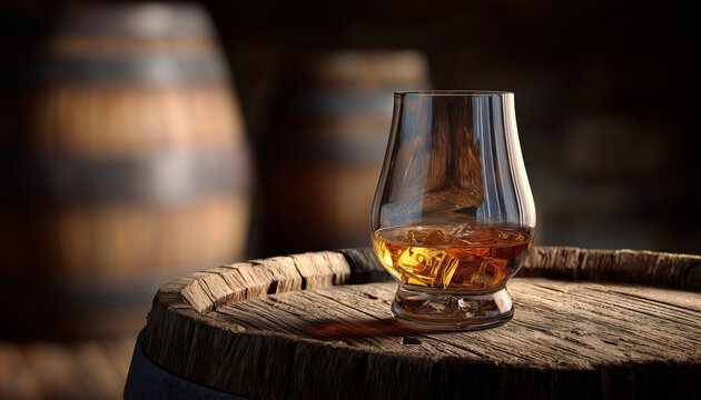 Traditional Alcohol Distillery: A Glass Of Whiskey In An Old Oak Barrel With A Copper Alambic On Display.