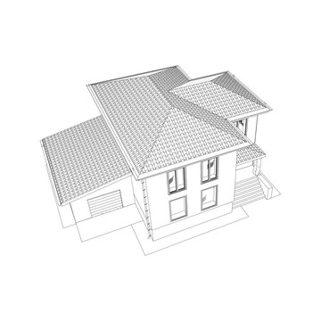 Vector wireframe perspective of luxury modern house exterior. 3D vector model of cottage isolated on white background.