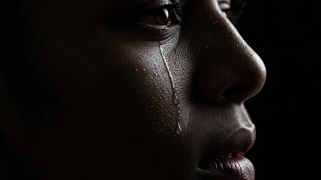 Close up of a persons face with a tear rolling down their cheek