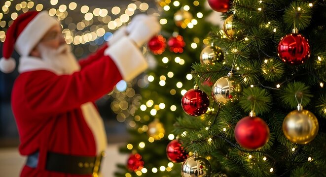 Santa claus decorating a christmas tree with ornaments and lights
