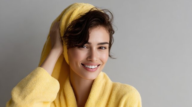 Horizontal shot of smiling woman drying wet hair with towel, wearing yellow bathrobe, relaxed and happy, preparing for styling, beauty routine at home