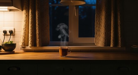 Cozy evening scene with steaming cup and kitchen window at night