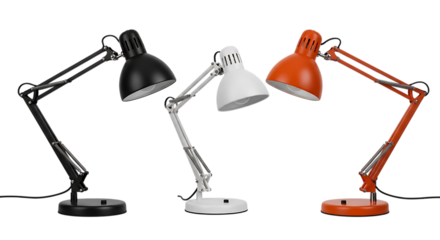 Three adjustable desk lamps in black white and orange adjustable lamp 1, isolated on a white or transparent background, cutout, PNG