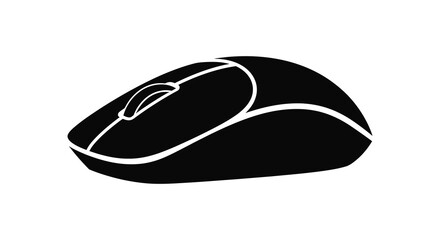 A simple black silhouette of a modern computer mouse with a scroll wheel and buttons on a white background