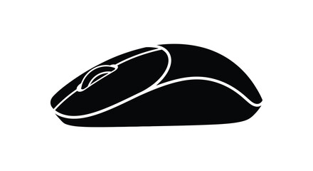 A simple black silhouette of a modern computer mouse on a white background representing technology and input devices