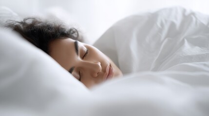 Horizontal view of a relaxed woman sleeping peacefully under white blankets, eyes closed, enjoying calm and cozy bedroom atmosphere