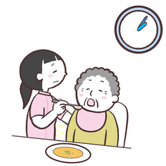 高齢者に食事をサポートする女性スタッフが疲れているイラスト