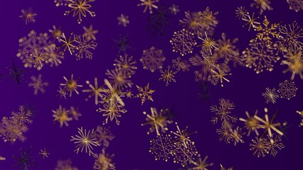 Elegant abstract design featuring golden snowflakes on a deep purple backdrop perfect for festive seasonal themes.