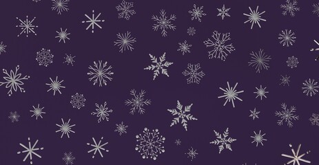 Abstract Christmas snow pattern with detailed snowflakes on a deep purple backdrop. Use for winter designs or seasonal decorations.
