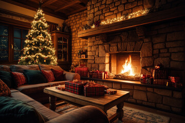 Cozy premium holiday living room with roaring fireplace, gold-lit Christmas tree and emerald & ruby wrapped presents