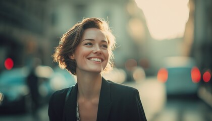 Cheerful Businesswoman Strolling Through City Streets: A Portrait Of A Professional Woman Smiling As She Walks In An Urban Environment.
