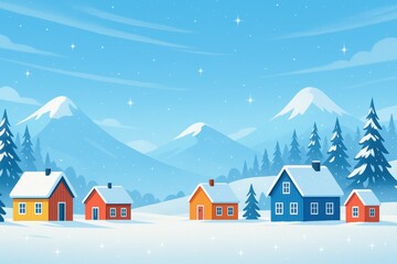 Fototapeta premium Winter wonderland scene featuring colorful houses and snow-capped mountains serene environment in a snowy landscape