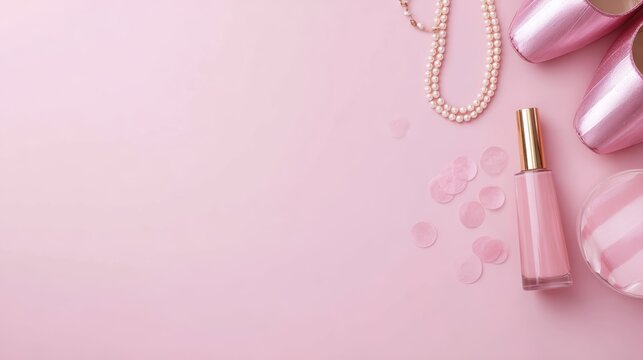 Overhead layout of festive girl party accessories on pastel pink backdrop, ideal for invitation mockups.