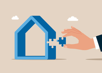 Hand holding jigsaw piece to finish a house, complete puzzle parts of house, real estate investment. Vector flat illustration