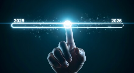 Moving into 2026 with hand touching glowing bar, a symbol of progress, goals, and future success in business