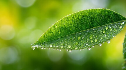 Close-up of a vibrant green leaf glistening with water droplets against a blurred green and yellow background