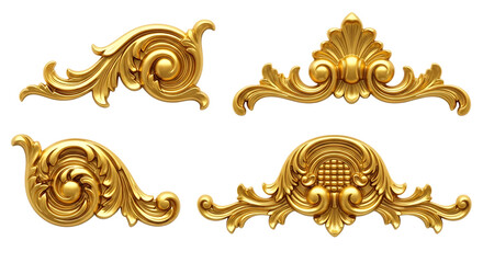 Four ornate golden decorative elements with swirling acanthus leaf motifs, isolated on a white or transparent background, cutout, PNG