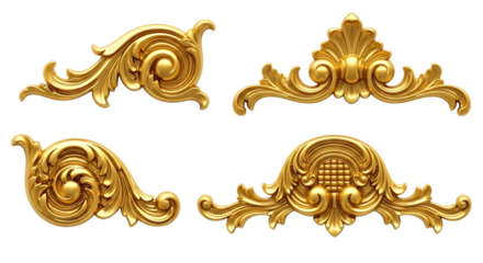 Four ornate golden decorative elements with swirling acanthus leaf motifs, isolated on a white or transparent background, cutout, PNG