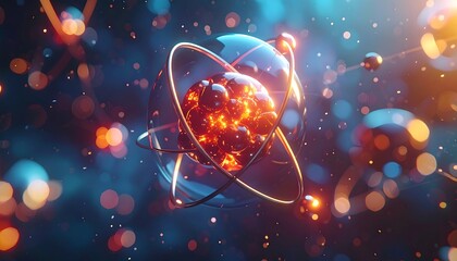 An abstract, close-up, digital rendering showcasing a glowing, orb-like core contained within a transparent sphere, with orbiting rings and scattered light flares