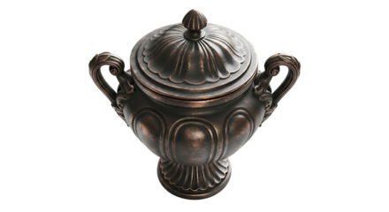 Ornate antique bronze lidded urn with handles and decorative fluting, isolated on a white or transparent background, cutout, PNG