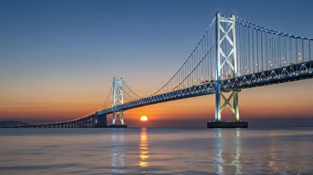 The akashi kaikyo bridge is illuminated at sunset, the worlds longest suspension bridge, connecting kobe and awaji island, japan, with sun reflection